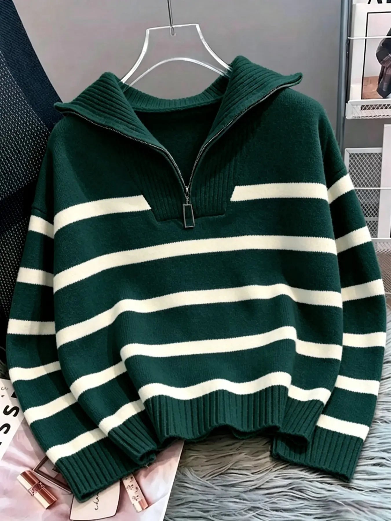 Women'S Fashion Striped Print Zipper Drop Shoulder Sweater, Casual Long Sleeve Collared Jumper for Daily Outdoor Wear, Women Knitwear Top for Fall & Winter, National Day Clothing