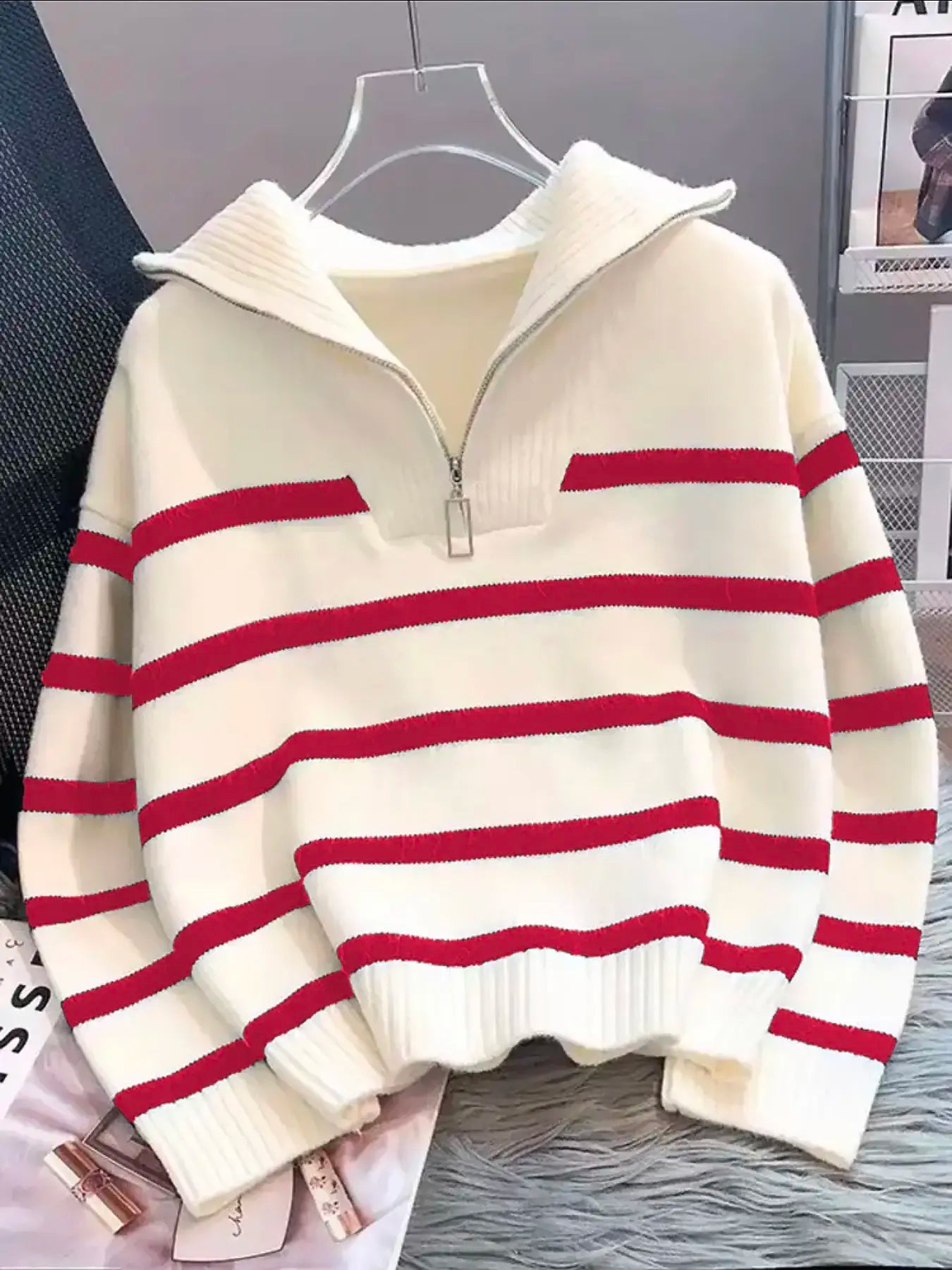 Women'S Fashion Striped Print Zipper Drop Shoulder Sweater, Casual Long Sleeve Collared Jumper for Daily Outdoor Wear, Women Knitwear Top for Fall & Winter, National Day Clothing