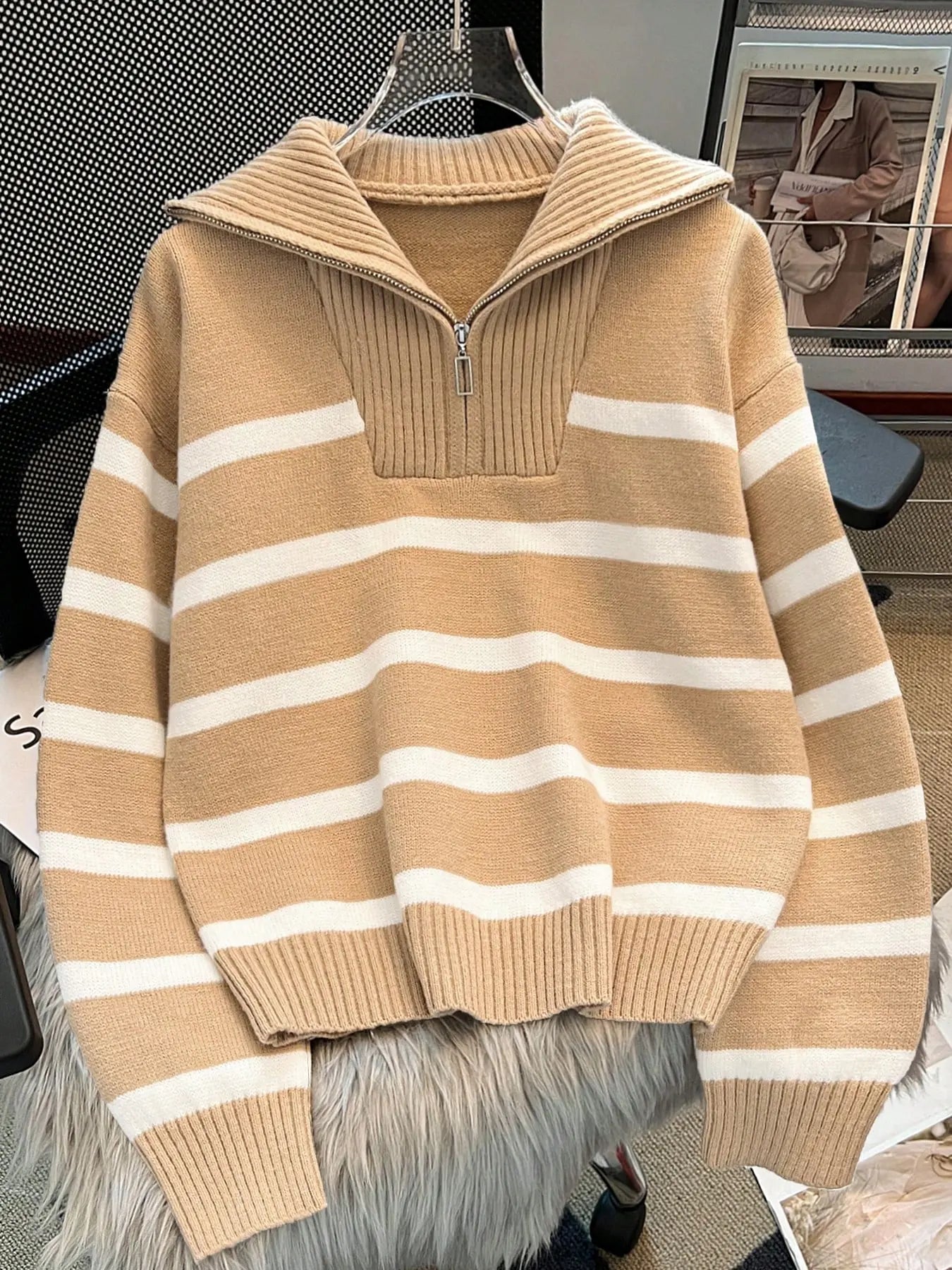 Women'S Fashion Striped Print Zipper Drop Shoulder Sweater, Casual Long Sleeve Collared Jumper for Daily Outdoor Wear, Women Knitwear Top for Fall & Winter, National Day Clothing