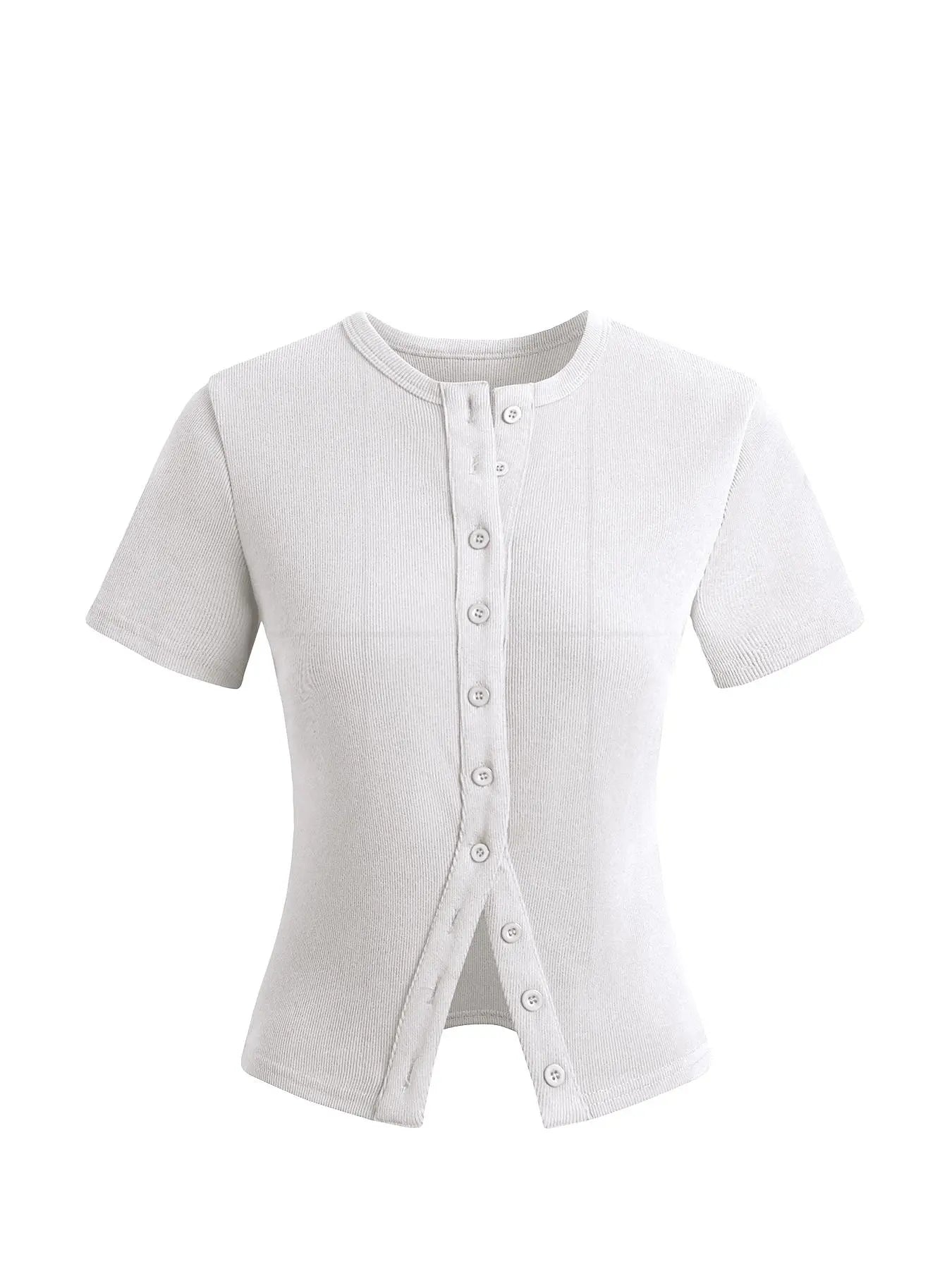 Women'S Short Sleeve round Neck Button Front Ribbed Tee, Button Closure Top, Casual Basic Minimalist Fitted Top for Daily Wear, Ladies Clothes for All Seasons, Womenswear