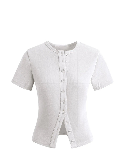 Women'S Short Sleeve round Neck Button Front Ribbed Tee, Button Closure Top, Casual Basic Minimalist Fitted Top for Daily Wear, Ladies Clothes for All Seasons, Womenswear
