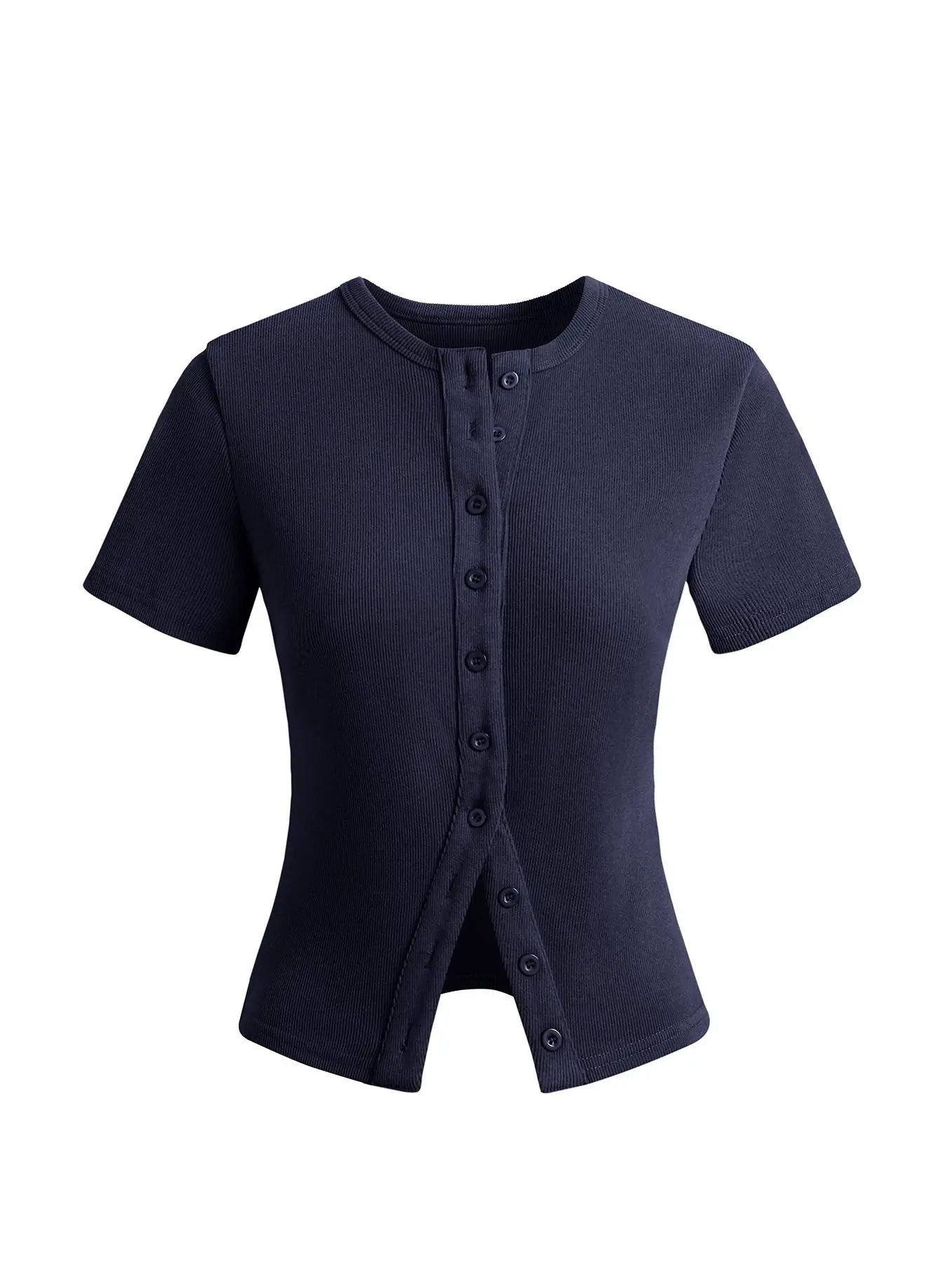 Women'S Short Sleeve round Neck Button Front Ribbed Tee, Button Closure Top, Casual Basic Minimalist Fitted Top for Daily Wear, Ladies Clothes for All Seasons, Womenswear