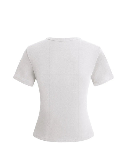 Women'S Short Sleeve round Neck Button Front Ribbed Tee, Button Closure Top, Casual Basic Minimalist Fitted Top for Daily Wear, Ladies Clothes for All Seasons, Womenswear