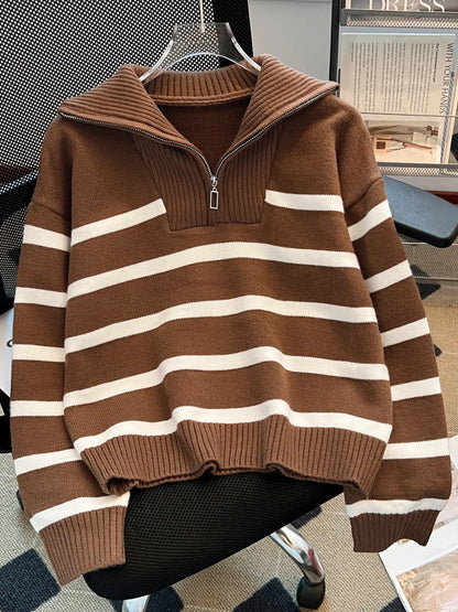 Women'S Fashion Striped Print Zipper Drop Shoulder Sweater, Casual Long Sleeve Collared Jumper for Daily Outdoor Wear, Women Knitwear Top for Fall & Winter, National Day Clothing