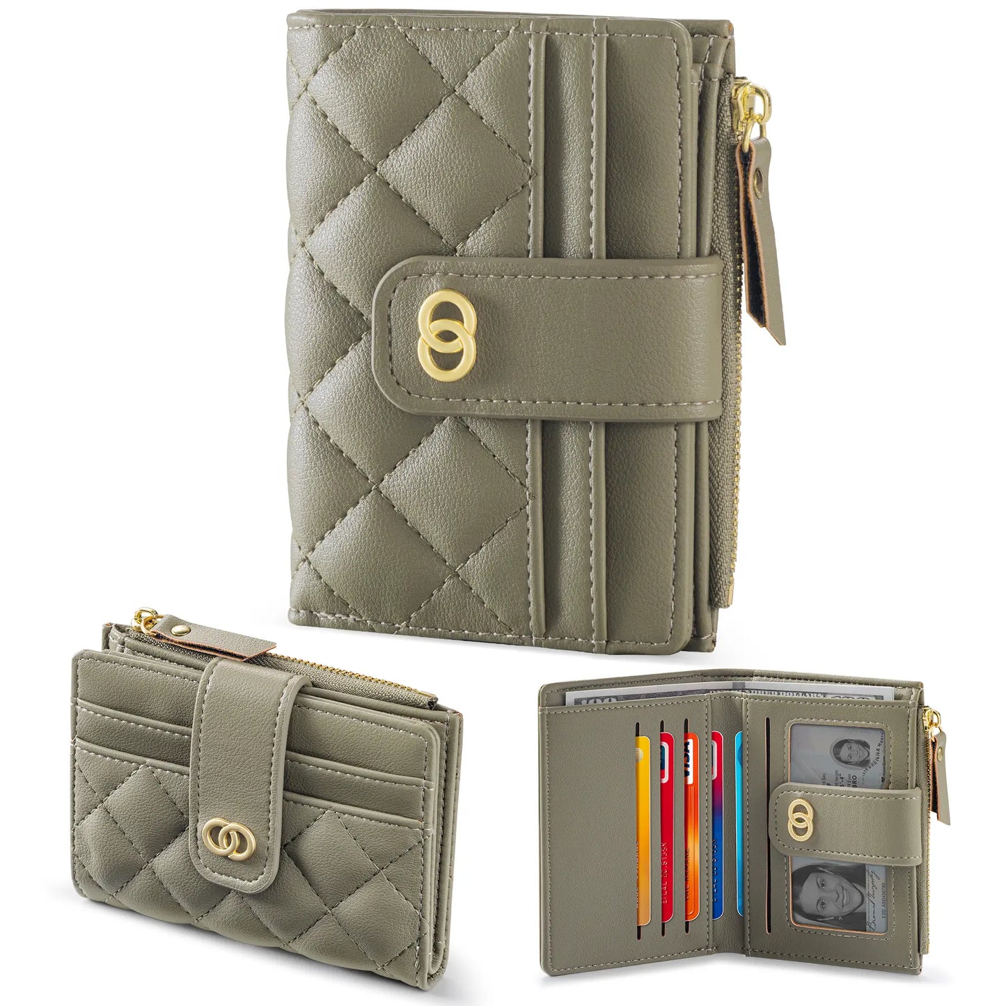 VTLASK Women's Slim Diamond-Quilted Leather Bifold Wallet - Credit Card Holder with ID Window and Zipper Coin Pocket
