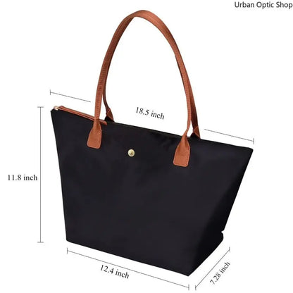 Women's Large Capacity Nylon Oxford Tote Bag with Contrast Leather Handles for Commuting and Daily Travel