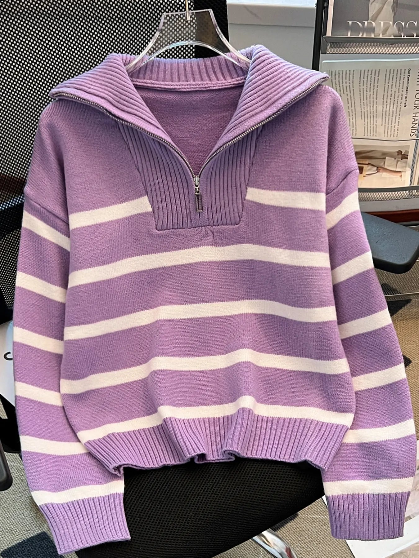 Women'S Fashion Striped Print Zipper Drop Shoulder Sweater, Casual Long Sleeve Collared Jumper for Daily Outdoor Wear, Women Knitwear Top for Fall & Winter, National Day Clothing