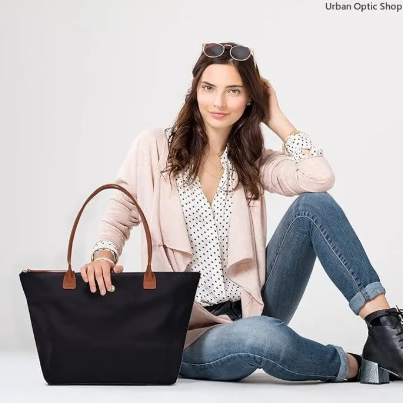 Women's Large Capacity Nylon Oxford Tote Bag with Contrast Leather Handles for Commuting and Daily Travel