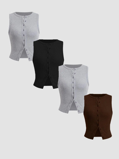 Women'S Plain Button Front Ribbed Tank Top, Casual Sleeveless round Neck Top for Daily Wear, Ladies Clothes for All Seasons