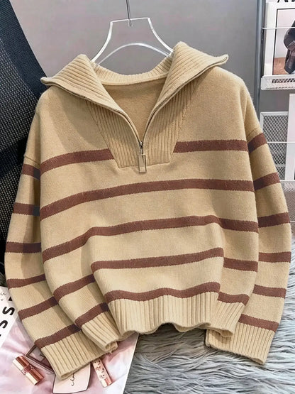 Women'S Fashion Striped Print Zipper Drop Shoulder Sweater, Casual Long Sleeve Collared Jumper for Daily Outdoor Wear, Women Knitwear Top for Fall & Winter, National Day Clothing
