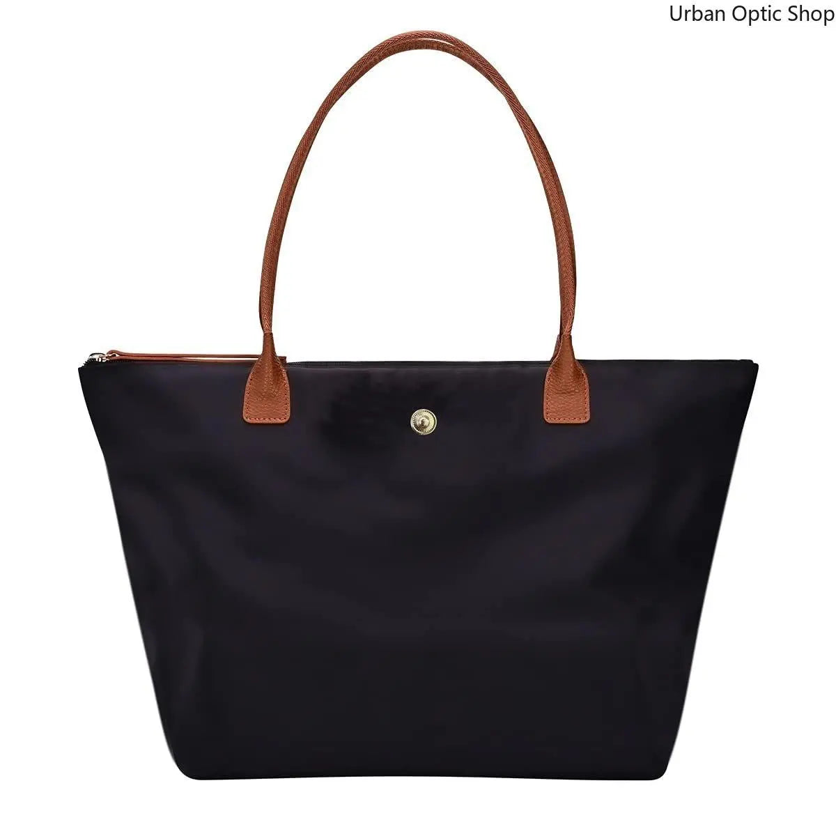 Women's Large Capacity Nylon Oxford Tote Bag with Contrast Leather Handles for Commuting and Daily Travel