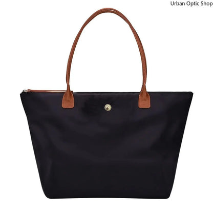 Women's Large Capacity Nylon Oxford Tote Bag with Contrast Leather Handles for Commuting and Daily Travel