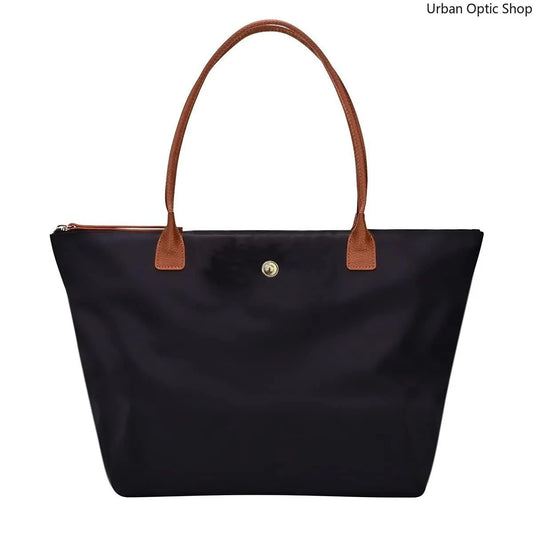 Women's Large Capacity Nylon Oxford Tote Bag with Contrast Leather Handles for Commuting and Daily Travel