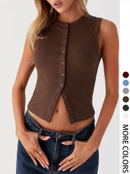 Women'S Plain Button Front Ribbed Tank Top, Casual Sleeveless round Neck Top for Daily Wear, Ladies Clothes for All Seasons