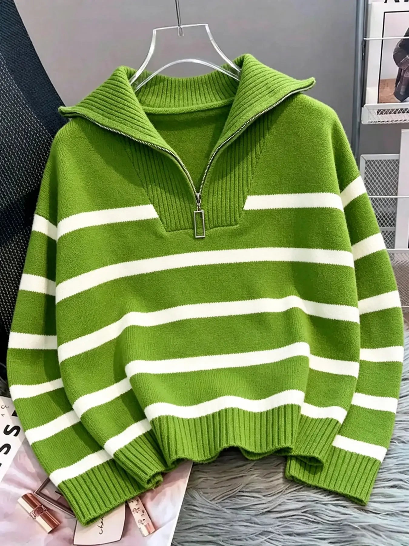 Women'S Fashion Striped Print Zipper Drop Shoulder Sweater, Casual Long Sleeve Collared Jumper for Daily Outdoor Wear, Women Knitwear Top for Fall & Winter, National Day Clothing