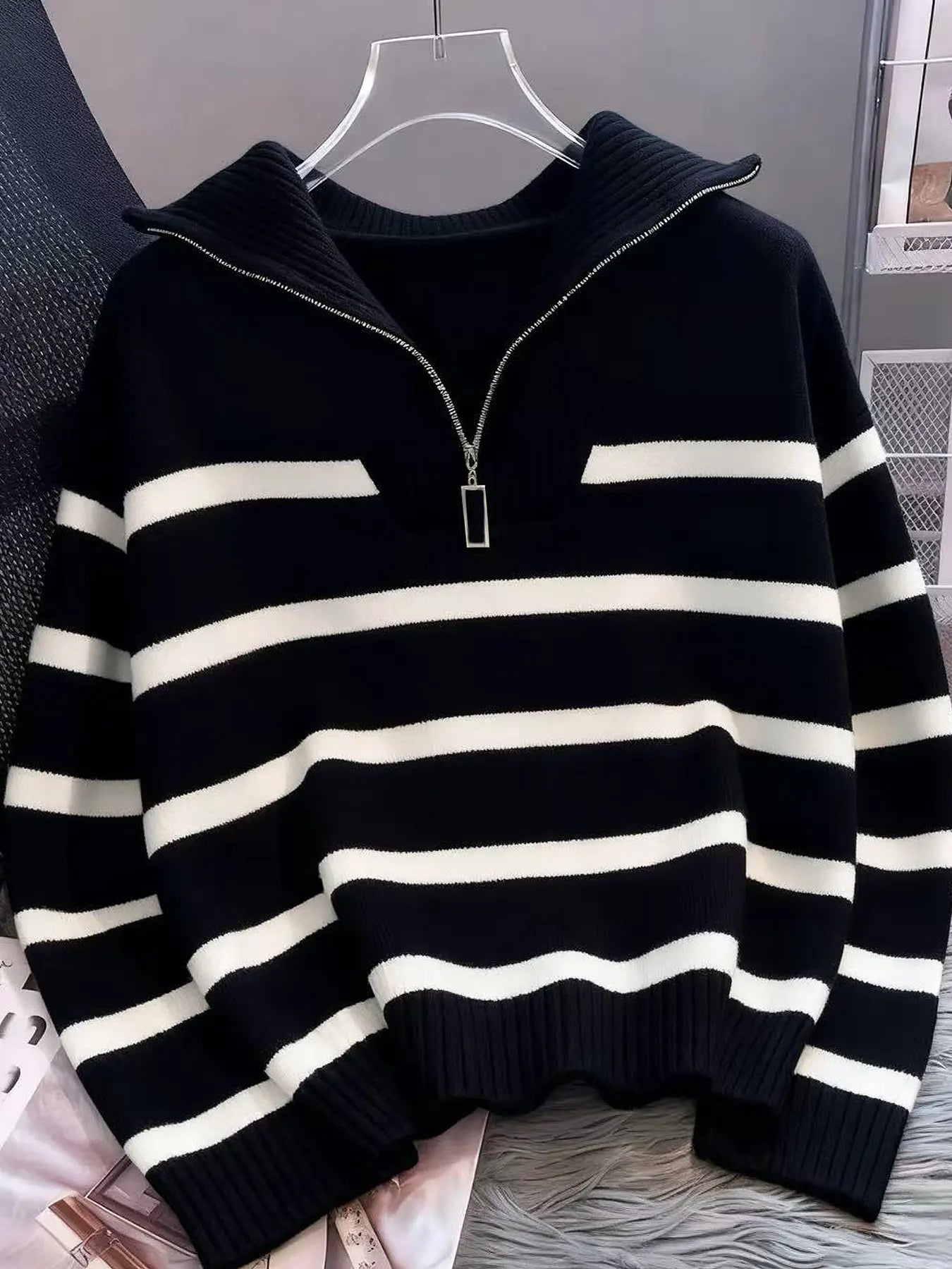 Women'S Fashion Striped Print Zipper Drop Shoulder Sweater, Casual Long Sleeve Collared Jumper for Daily Outdoor Wear, Women Knitwear Top for Fall & Winter, National Day Clothing