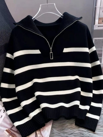 Women'S Fashion Striped Print Zipper Drop Shoulder Sweater, Casual Long Sleeve Collared Jumper for Daily Outdoor Wear, Women Knitwear Top for Fall & Winter, National Day Clothing