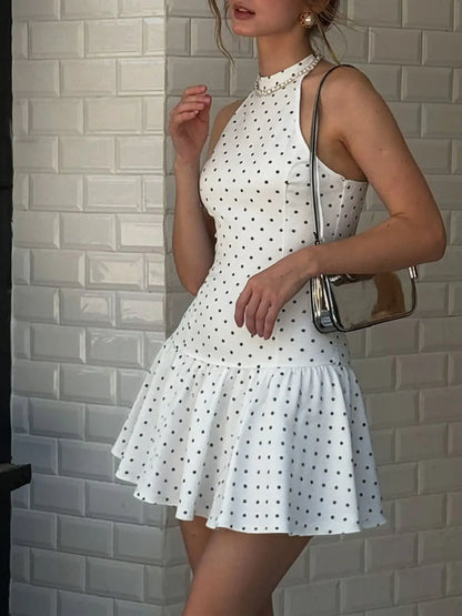 Summer Women'S Elegant Polka Dot Bodycon Dress, Fitted Waist Design, Stretchy Soft Fabric, Sleeveless Short Dress, All Seasons Wear