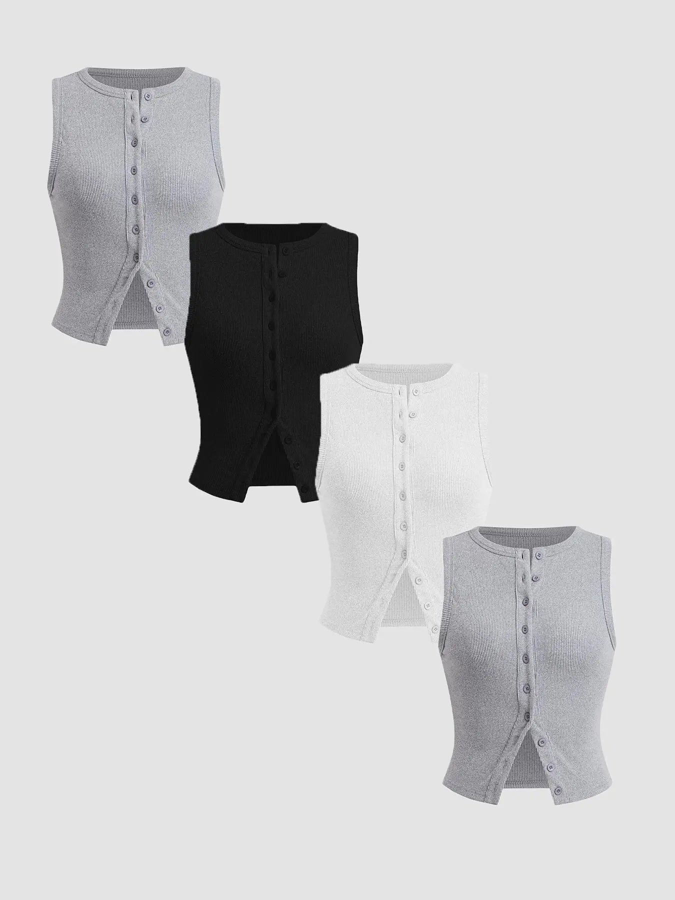 Women'S Plain Button Front Ribbed Tank Top, Casual Sleeveless round Neck Top for Daily Wear, Ladies Clothes for All Seasons