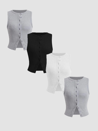 Women'S Plain Button Front Ribbed Tank Top, Casual Sleeveless round Neck Top for Daily Wear, Ladies Clothes for All Seasons