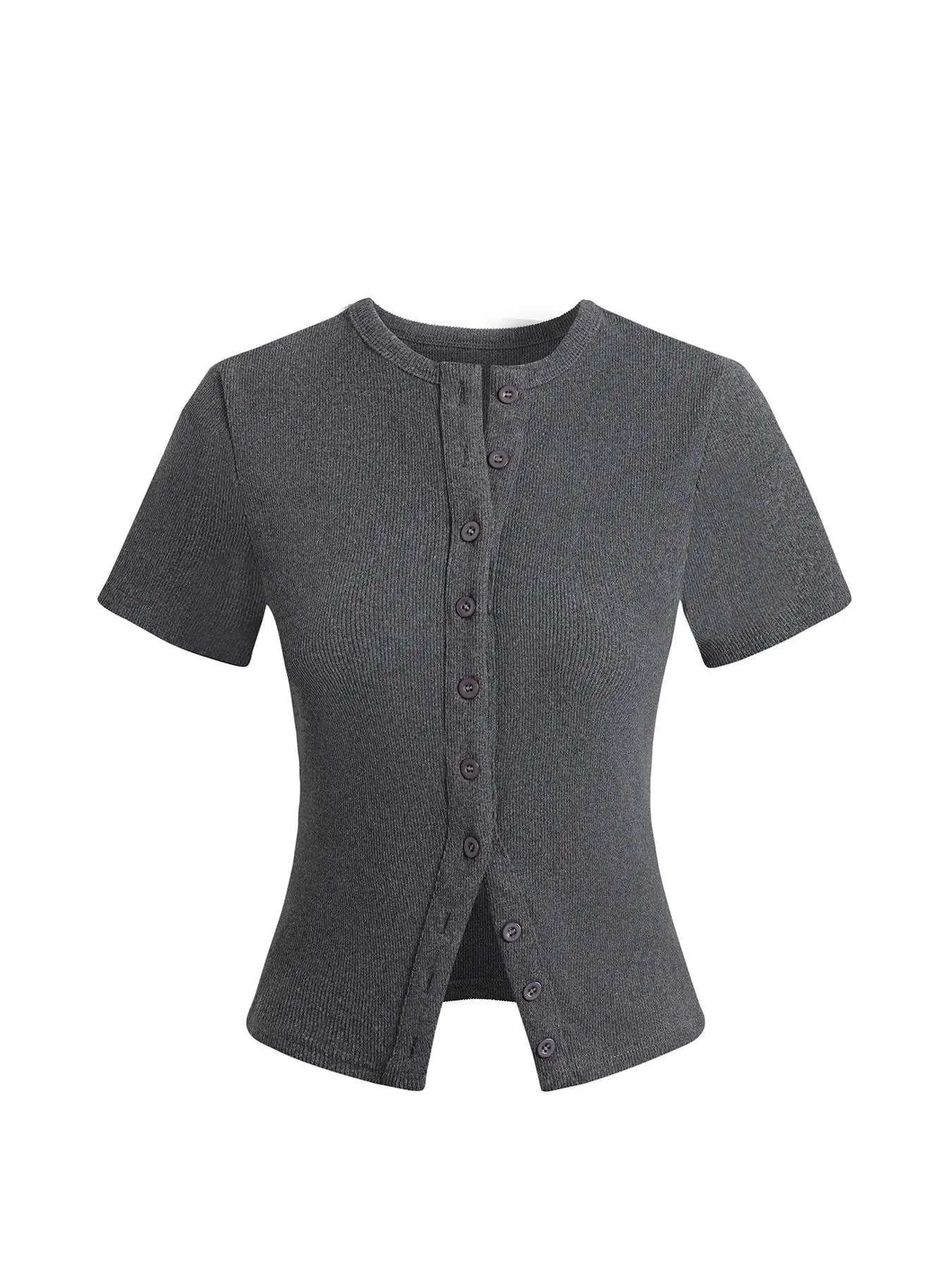Women'S Short Sleeve round Neck Button Front Ribbed Tee, Button Closure Top, Casual Basic Minimalist Fitted Top for Daily Wear, Ladies Clothes for All Seasons, Womenswear