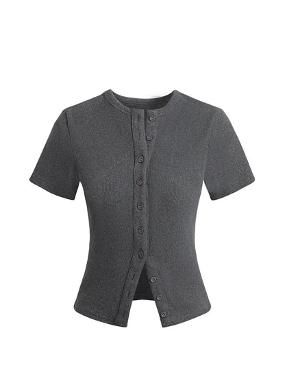 Women'S Short Sleeve round Neck Button Front Ribbed Tee, Button Closure Top, Casual Basic Minimalist Fitted Top for Daily Wear, Ladies Clothes for All Seasons, Womenswear
