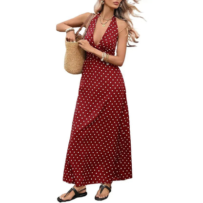 Brown Polka Dot Halter Maxi Dress for Women, Sleeveless Backless Deep V Neck A-Line Sundress, Elegant Boho Summer Dress, Vacation Dresses and Wedding Guest Dresses for Beach, Resort, Cruise and Holiday