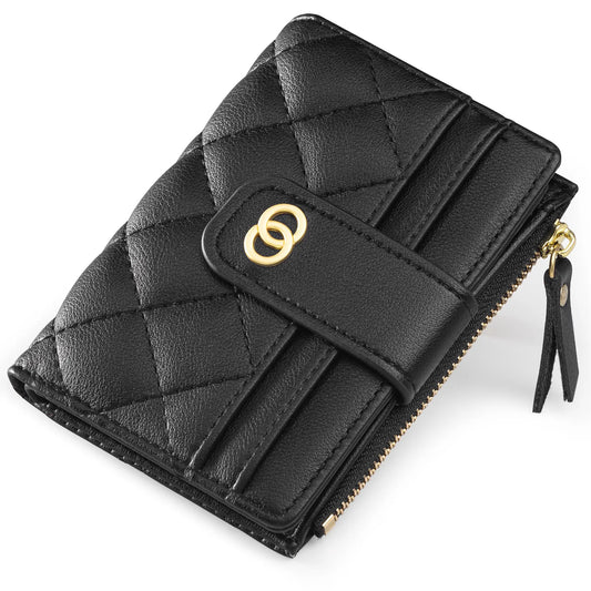 VTLASK Women's Slim Diamond-Quilted Leather Bifold Wallet - Credit Card Holder with ID Window and Zipper Coin Pocket