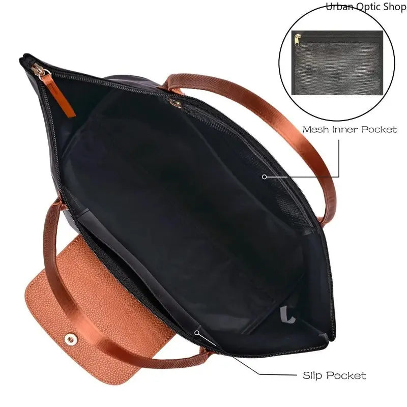 Women's Large Capacity Nylon Oxford Tote Bag with Contrast Leather Handles for Commuting and Daily Travel