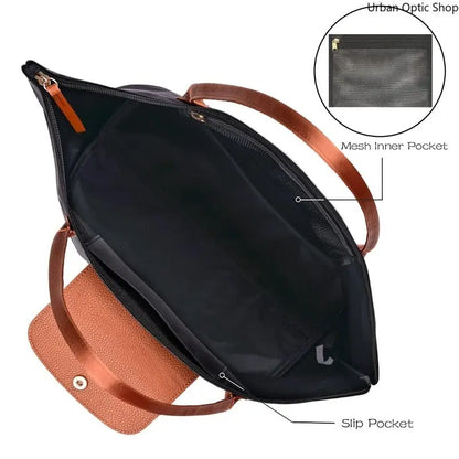 Women's Large Capacity Nylon Oxford Tote Bag with Contrast Leather Handles for Commuting and Daily Travel