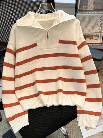 Women'S Fashion Striped Print Zipper Drop Shoulder Sweater, Casual Long Sleeve Collared Jumper for Daily Outdoor Wear, Women Knitwear Top for Fall & Winter, National Day Clothing