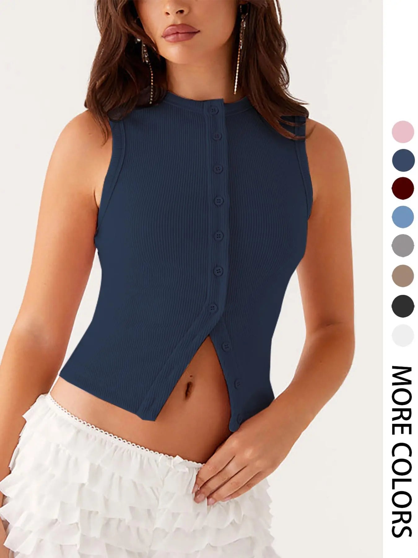 Women'S Plain Button Front Ribbed Tank Top, Casual Sleeveless round Neck Top for Daily Wear, Ladies Clothes for All Seasons