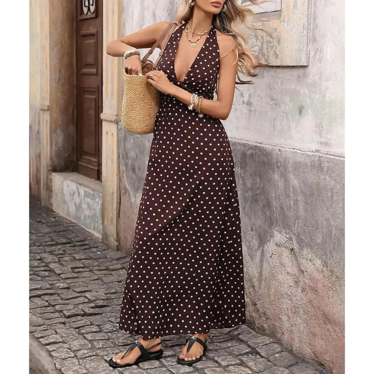 Brown Polka Dot Halter Maxi Dress for Women, Sleeveless Backless Deep V Neck A-Line Sundress, Elegant Boho Summer Dress, Vacation Dresses and Wedding Guest Dresses for Beach, Resort, Cruise and Holiday
