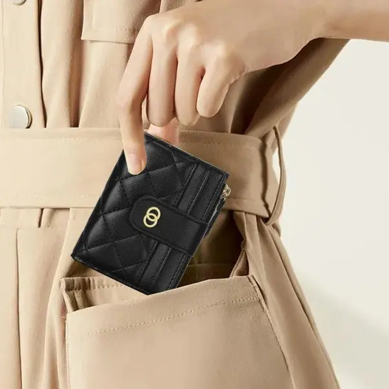 VTLASK Women's Slim Diamond-Quilted Leather Bifold Wallet - Credit Card Holder with ID Window and Zipper Coin Pocket