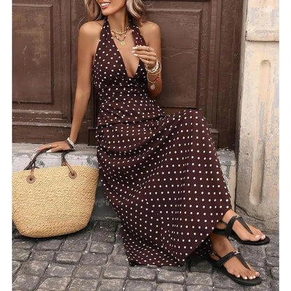 Brown Polka Dot Halter Maxi Dress for Women, Sleeveless Backless Deep V Neck A-Line Sundress, Elegant Boho Summer Dress, Vacation Dresses and Wedding Guest Dresses for Beach, Resort, Cruise and Holiday