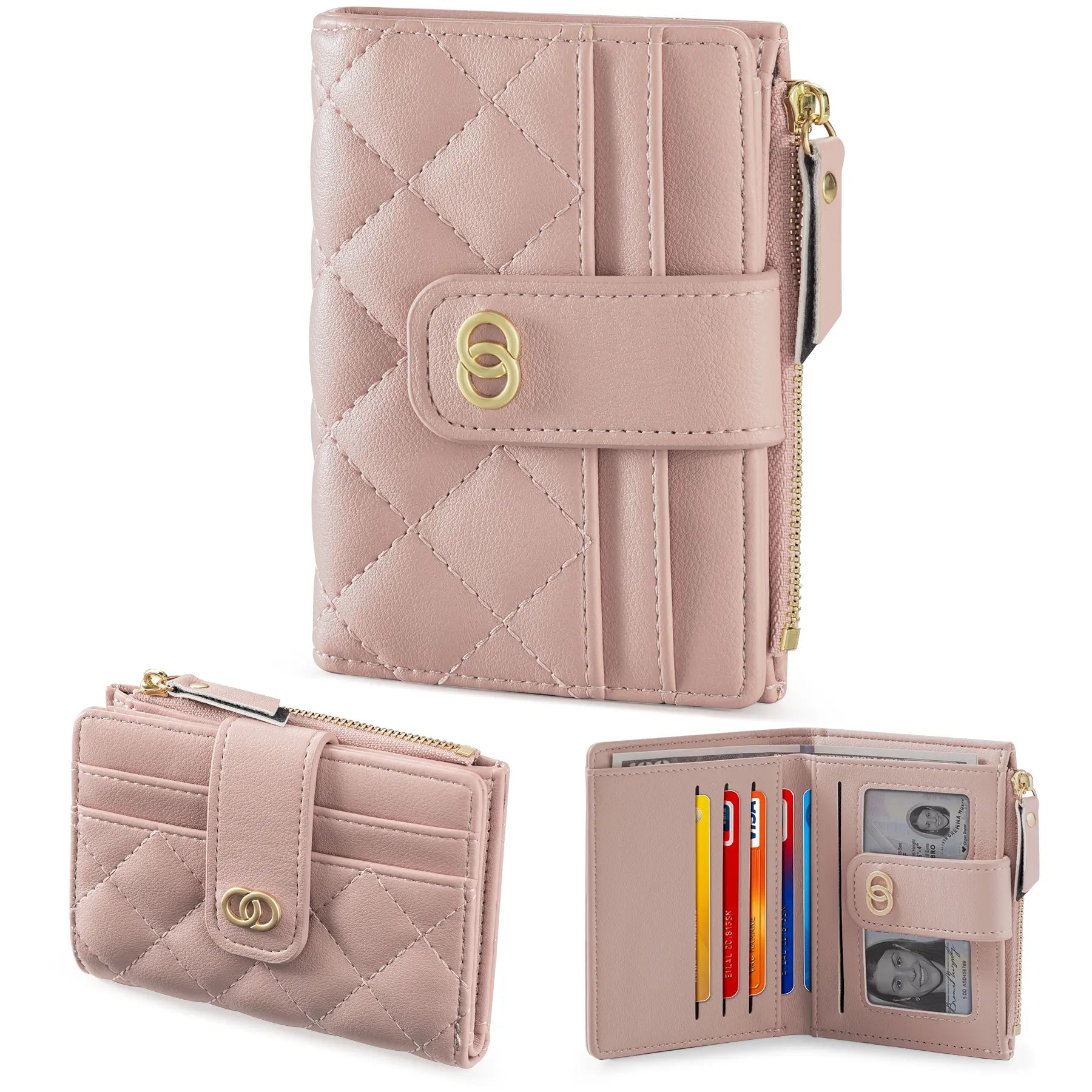 VTLASK Women's Slim Diamond-Quilted Leather Bifold Wallet - Credit Card Holder with ID Window and Zipper Coin Pocket