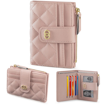 VTLASK Women's Slim Diamond-Quilted Leather Bifold Wallet - Credit Card Holder with ID Window and Zipper Coin Pocket