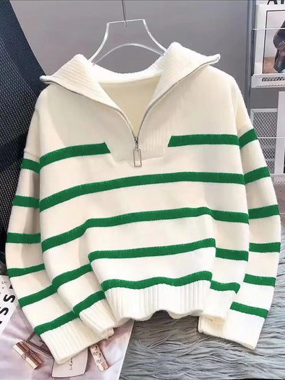 Women'S Fashion Striped Print Zipper Drop Shoulder Sweater, Casual Long Sleeve Collared Jumper for Daily Outdoor Wear, Women Knitwear Top for Fall & Winter, National Day Clothing
