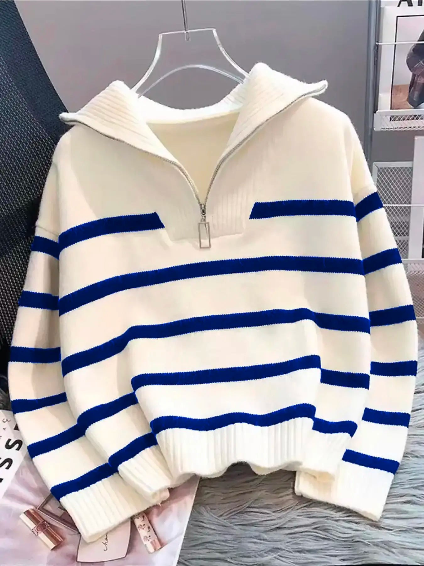 Women'S Fashion Striped Print Zipper Drop Shoulder Sweater, Casual Long Sleeve Collared Jumper for Daily Outdoor Wear, Women Knitwear Top for Fall & Winter, National Day Clothing