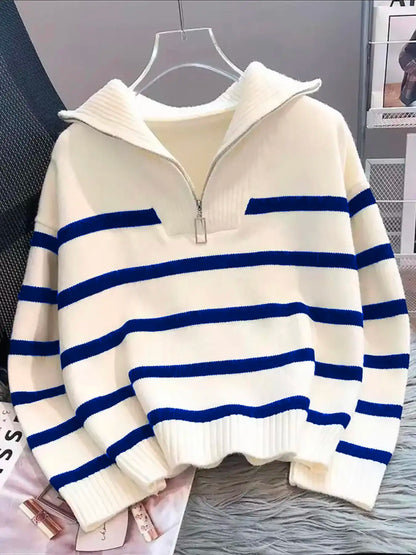 Women'S Fashion Striped Print Zipper Drop Shoulder Sweater, Casual Long Sleeve Collared Jumper for Daily Outdoor Wear, Women Knitwear Top for Fall & Winter, National Day Clothing
