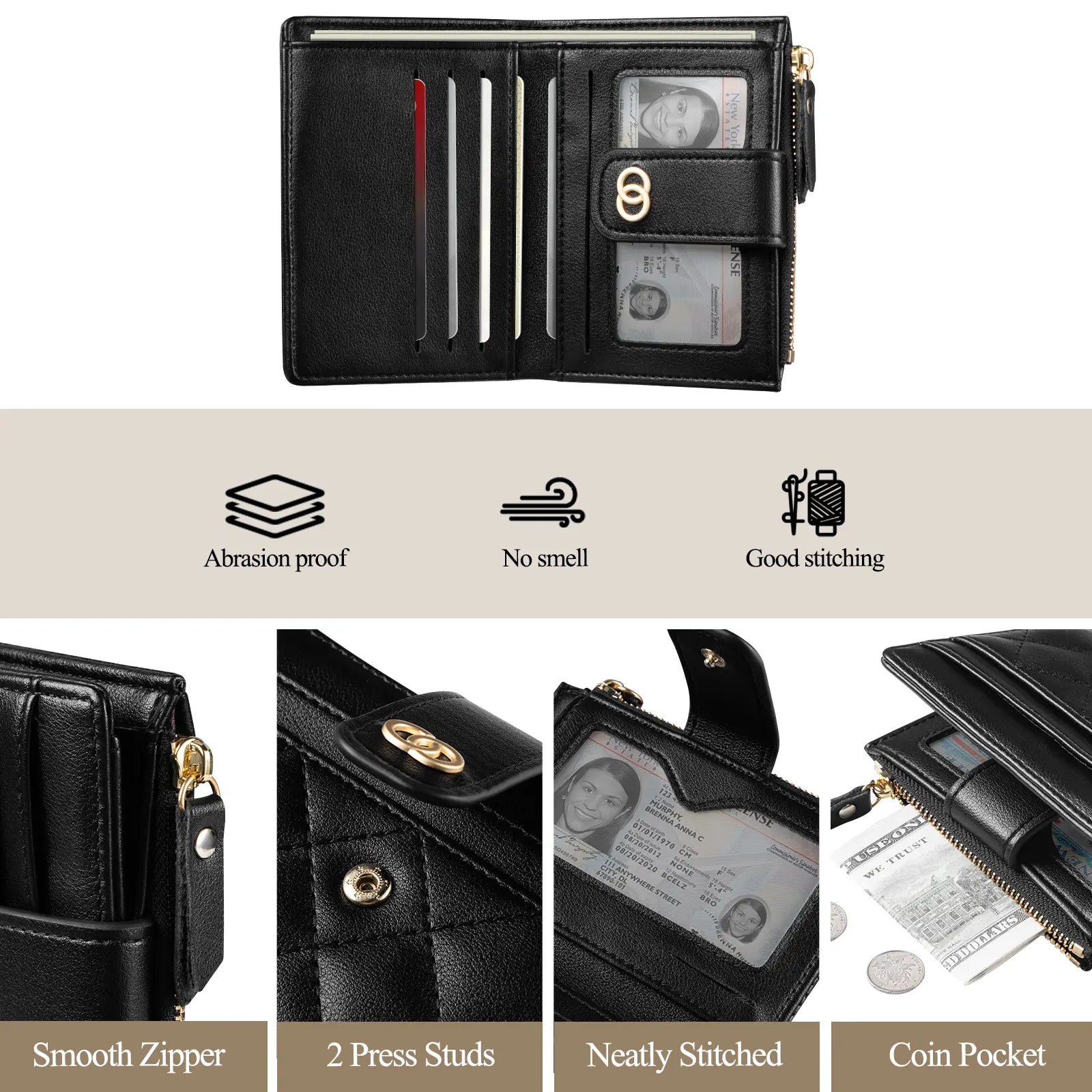VTLASK Women's Slim Diamond-Quilted Leather Bifold Wallet - Credit Card Holder with ID Window and Zipper Coin Pocket