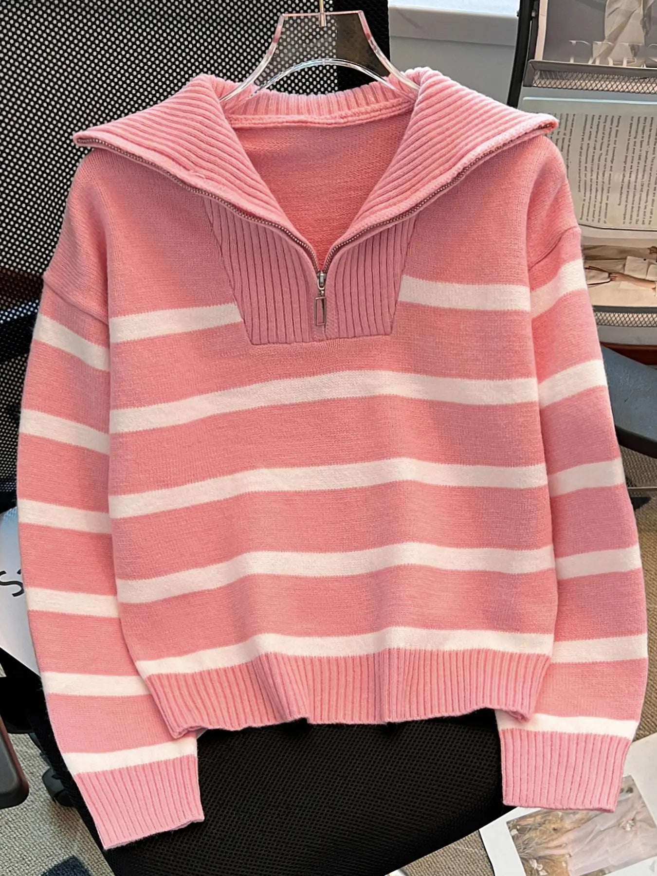 Women'S Fashion Striped Print Zipper Drop Shoulder Sweater, Casual Long Sleeve Collared Jumper for Daily Outdoor Wear, Women Knitwear Top for Fall & Winter, National Day Clothing
