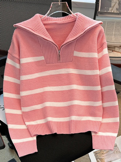 Women'S Fashion Striped Print Zipper Drop Shoulder Sweater, Casual Long Sleeve Collared Jumper for Daily Outdoor Wear, Women Knitwear Top for Fall & Winter, National Day Clothing
