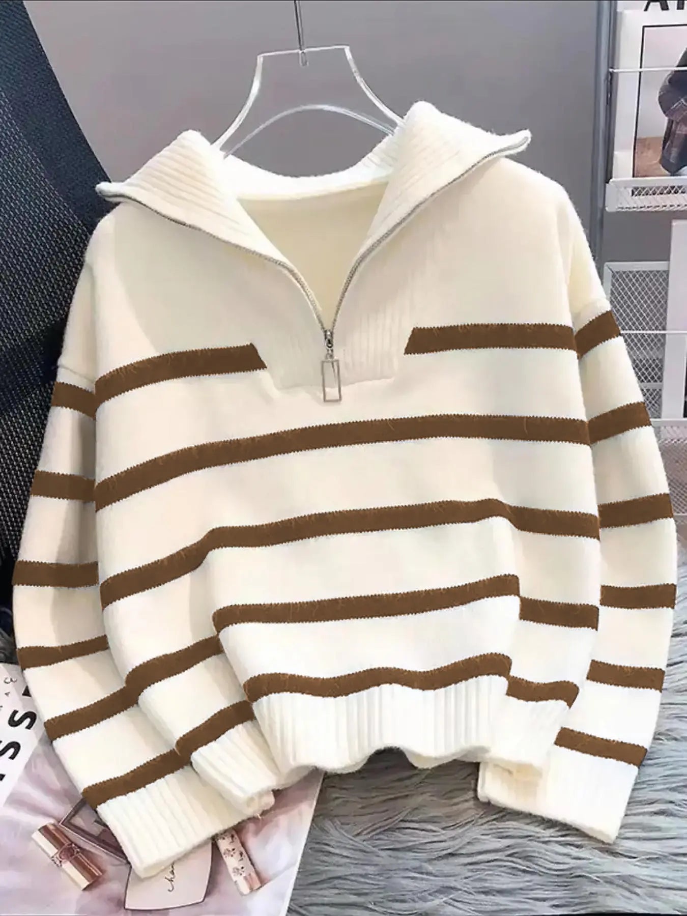 Women'S Fashion Striped Print Zipper Drop Shoulder Sweater, Casual Long Sleeve Collared Jumper for Daily Outdoor Wear, Women Knitwear Top for Fall & Winter, National Day Clothing