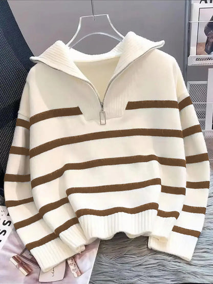 Women'S Fashion Striped Print Zipper Drop Shoulder Sweater, Casual Long Sleeve Collared Jumper for Daily Outdoor Wear, Women Knitwear Top for Fall & Winter, National Day Clothing
