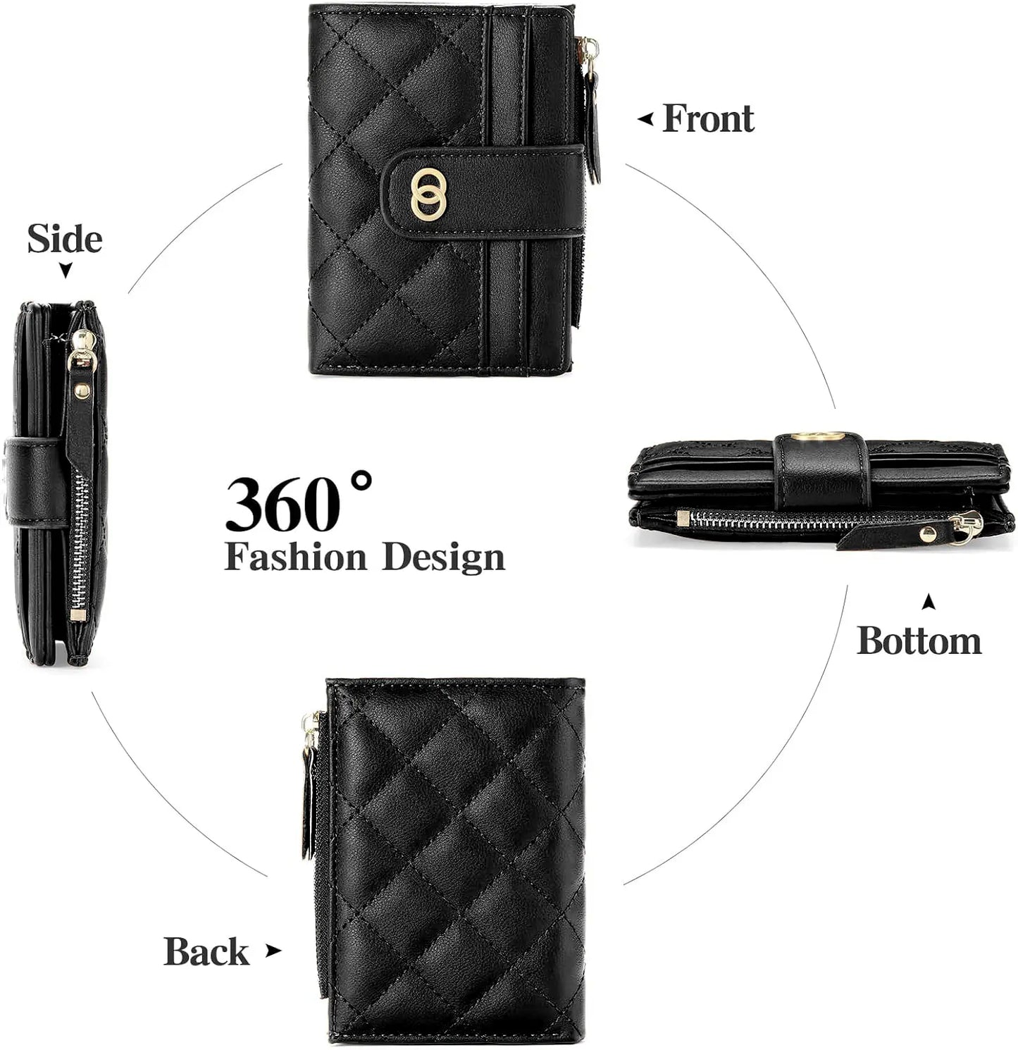 VTLASK Women's Slim Diamond-Quilted Leather Bifold Wallet - Credit Card Holder with ID Window and Zipper Coin Pocket