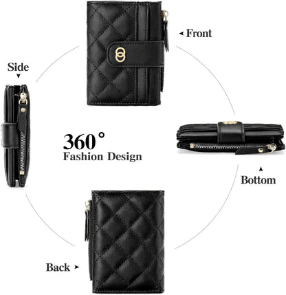 VTLASK Women's Slim Diamond-Quilted Leather Bifold Wallet - Credit Card Holder with ID Window and Zipper Coin Pocket