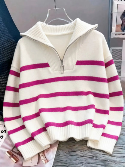 Women'S Fashion Striped Print Zipper Drop Shoulder Sweater, Casual Long Sleeve Collared Jumper for Daily Outdoor Wear, Women Knitwear Top for Fall & Winter, National Day Clothing