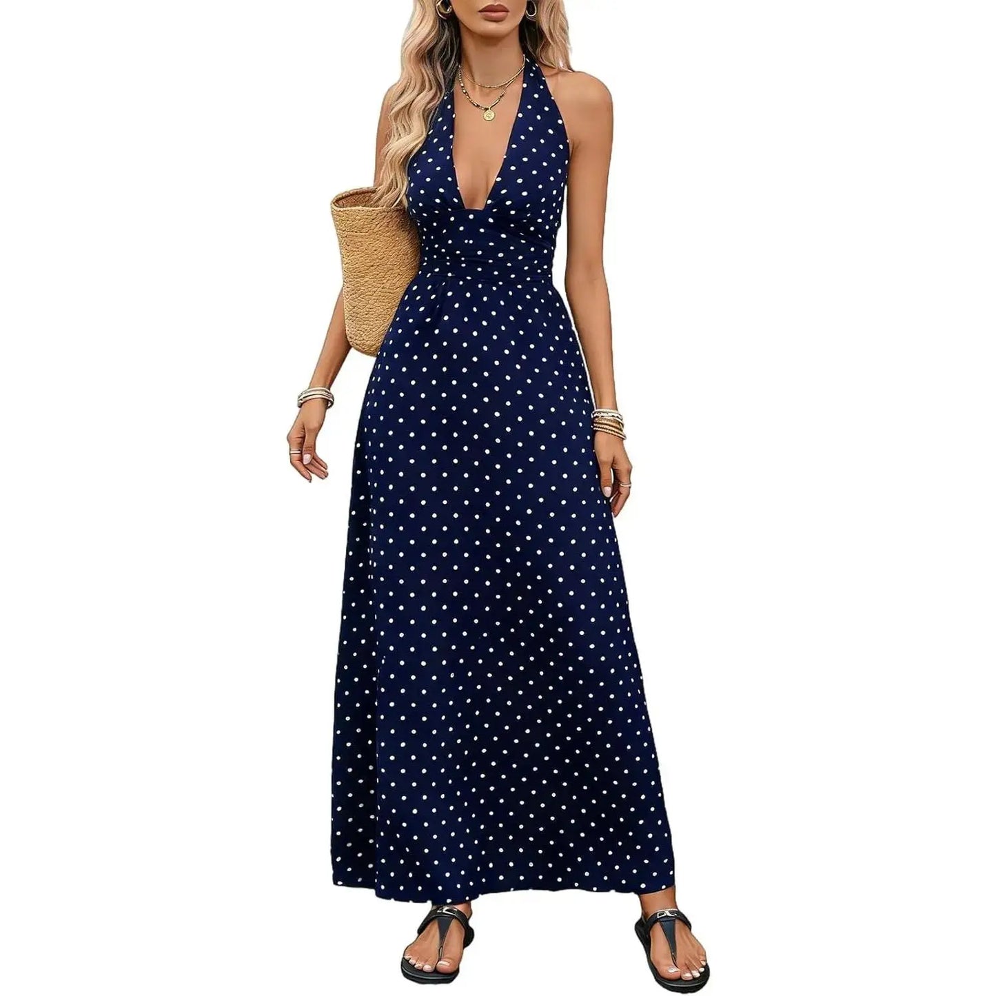 Brown Polka Dot Halter Maxi Dress for Women, Sleeveless Backless Deep V Neck A-Line Sundress, Elegant Boho Summer Dress, Vacation Dresses and Wedding Guest Dresses for Beach, Resort, Cruise and Holiday