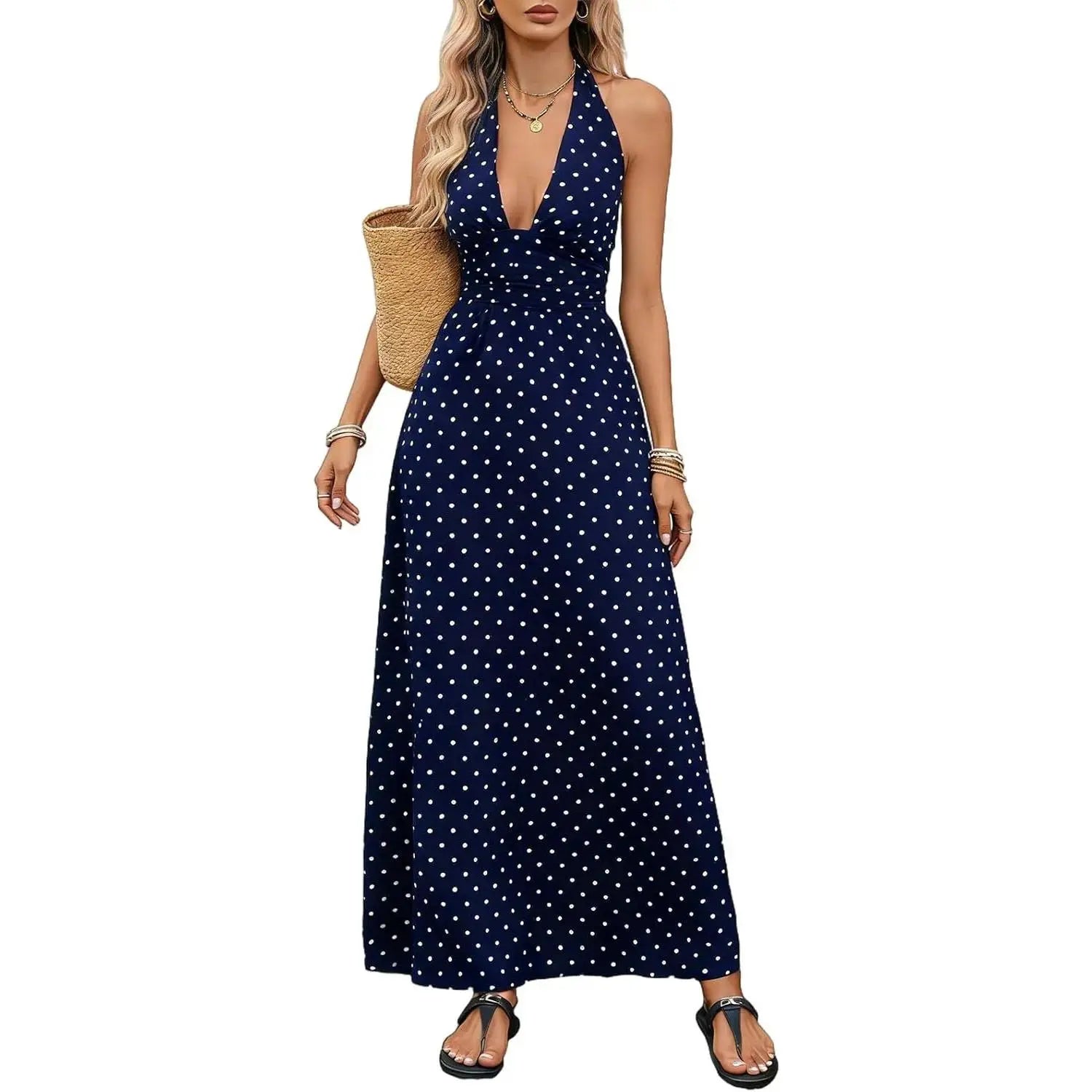 Brown Polka Dot Halter Maxi Dress for Women, Sleeveless Backless Deep V Neck A-Line Sundress, Elegant Boho Summer Dress, Vacation Dresses and Wedding Guest Dresses for Beach, Resort, Cruise and Holiday